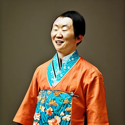 Prompt: realistic contamporary art photography by araki nobuyoshi of wearing ( traditional - ukrainian shirt ) designed by taras shevchenko. smiling kim chen in