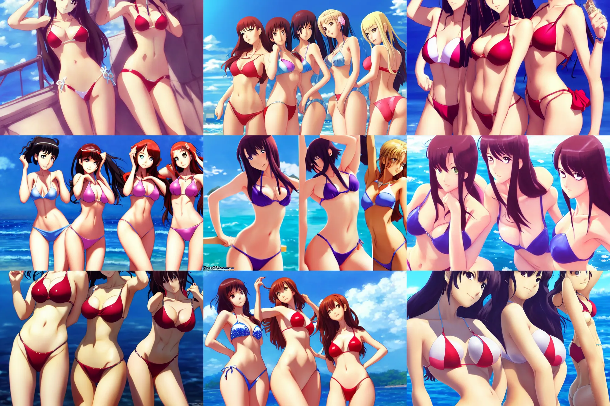 Prompt: close - up princesses posing together in bikini. by takashi takeuchi, amagaitaro, makoto shinkai, krenz cushart, asao urata, pixiv