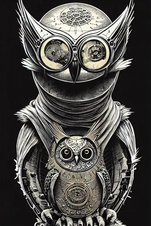 Image similar to side view of a ancient alchemist steampunk owl, high details, lineart, by vincent di fate and joe fenton,, inking, screen print, masterpiece, trending on artstation, sharp, high contrast, hyper - detailed, hd, 4 k, 8 k