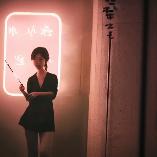 Prompt: a photo of a Korean woman, her face beautifully lit by a neon sign as she smokes a cigarette, highly atmospheric and foggy, shot on an arri lens