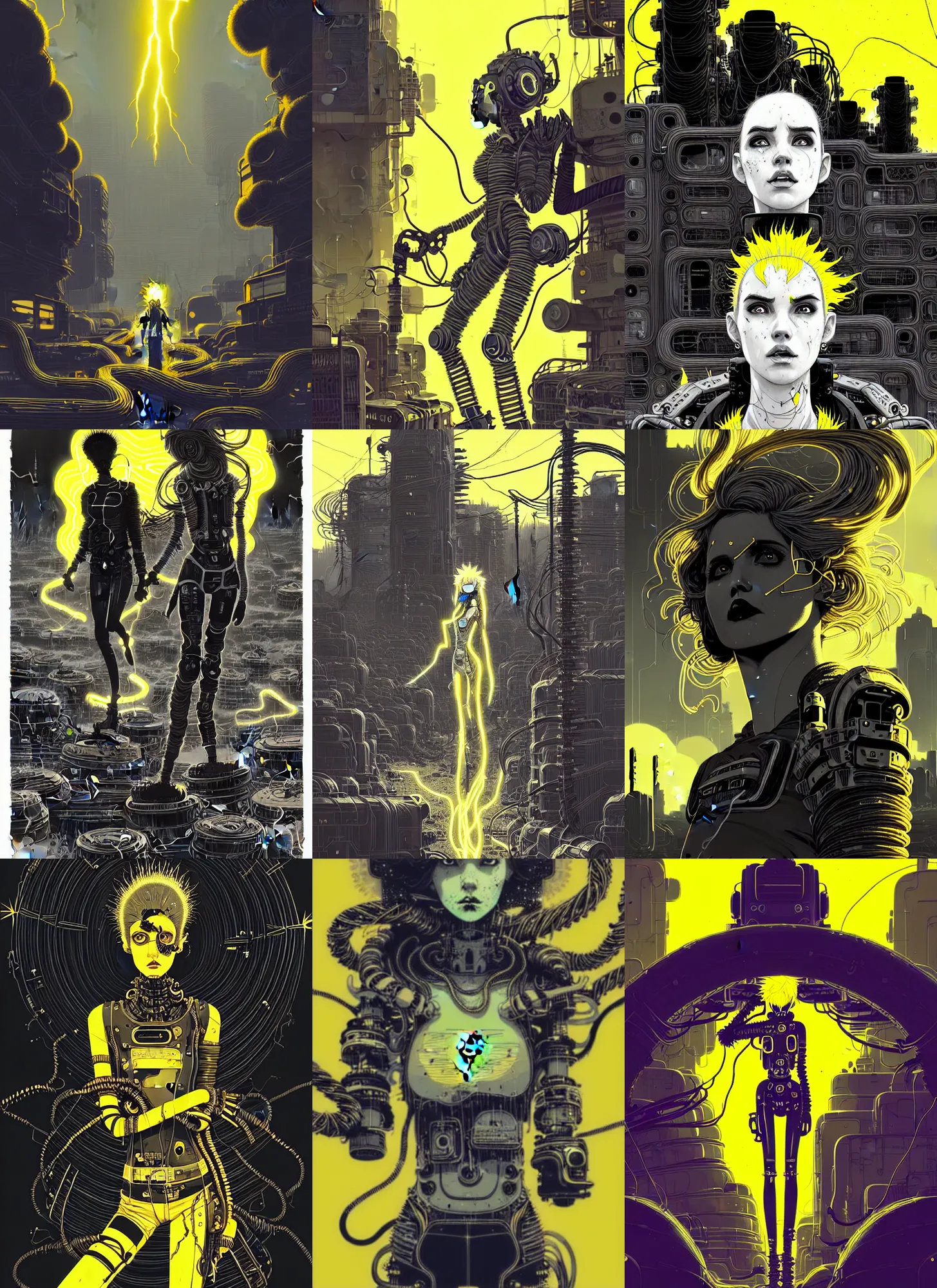 Image similar to highly detailed portrait of wasteland punk long curly bright yellow and white plasma electricity hair tribal lady, stray electric spark wiring by atey ghailan, james gilleard, by joe fenton, by greg rutkowski, by greg tocchini, by kaethe butcher, 4 k resolution, gradient yellow, black and white color scheme!!! ( ( lightning cloudy robotic dystopian city background ) )