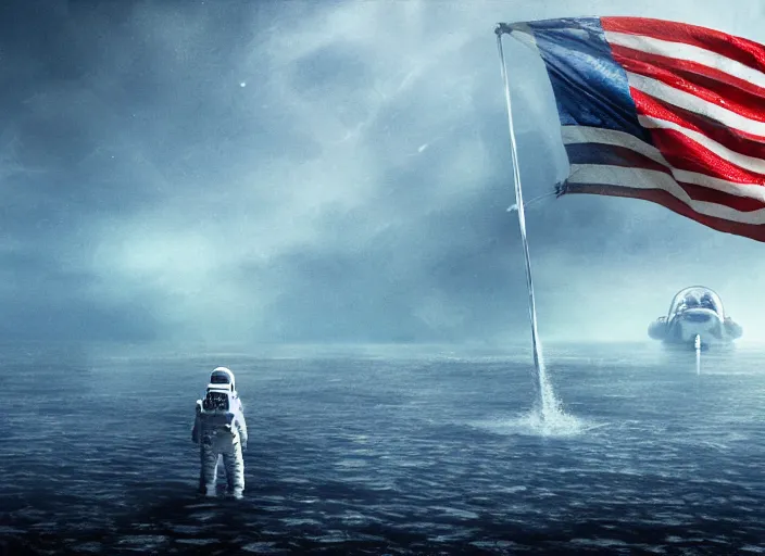 Image similar to astronaut holding a flag in an underwater desert. a submarine is visible in the distance. dark, concept art, cinematic, dramatic, atmospheric, 8 k, trending on artstation, blue, fish, low visibility, fog, ocean floor, christopher nolan, interstellar