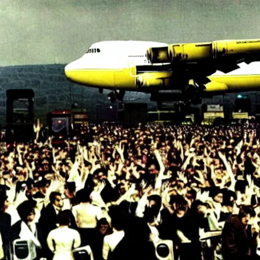 Image similar to the beatles playing live on top of a boeing 747