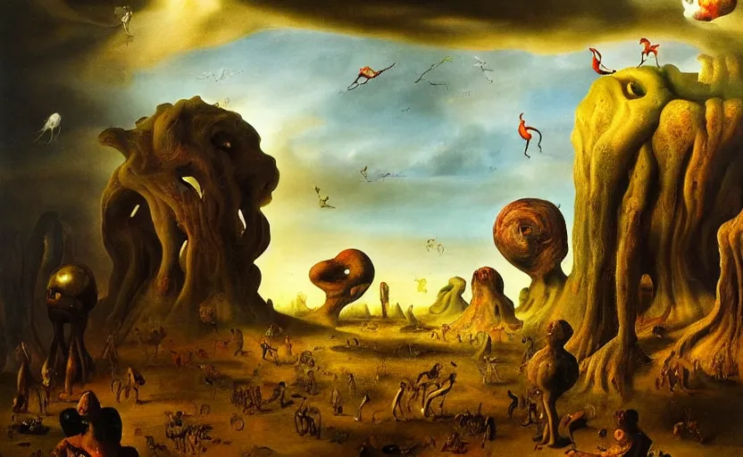 Image similar to very detailed colorful strange disturbing dutch golden age surrealistic landscape with very small humanoid strange figures in the distance with large looming biomorphic figures looming inthe foreground, cast shadows, chiaroscuro, painted by dali and rachel ruysch, timeless disturbing masterpiece perfect composition