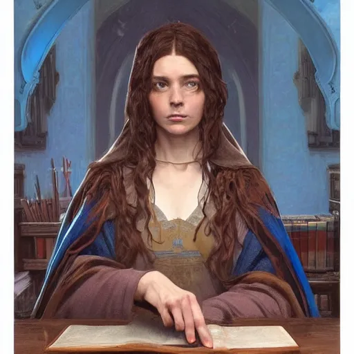 Prompt: a female wizard with brown hair wearing a blue hood and blue robe at a wooden desk with bookcases behind her, fantasy, highly detailed, digital painting, artstation, concept art, character art, art by greg rutkowski and tyler jacobson and alphonse mucha