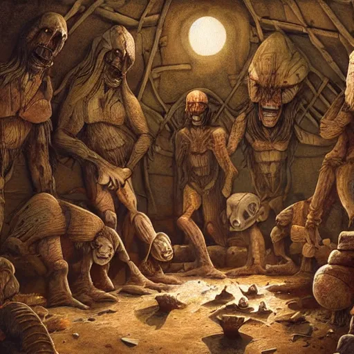 Prompt: primitive extraterrestrial villagers inside primitive hut, dramatic lighting, illustration, ron cobb, mike mignogna, science fiction, detailed painting, high detail, coherent, rough paper