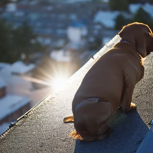 Image similar to dog on roof, morning light, backlit,