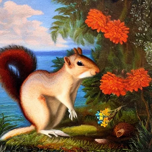 Image similar to a giant squirrel carrying napoleon!!! on its back, beach scene with flowers and foliage, detailed oil painting