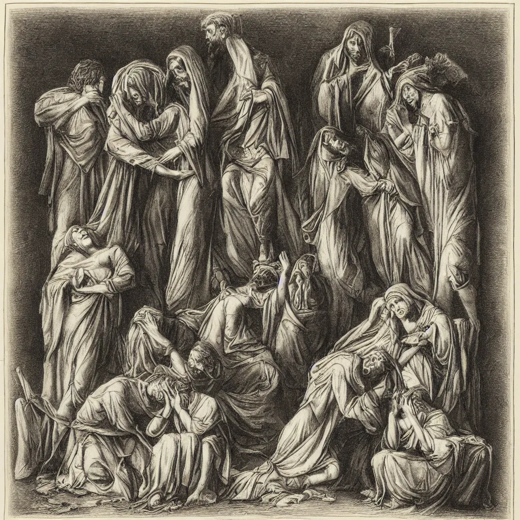 Prompt: a gustav dore etching of 3 maria's crying at the death of christ