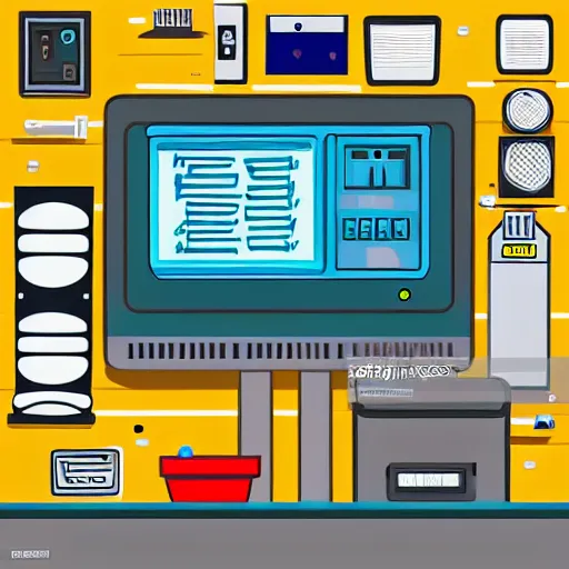Prompt: cash register in front of a wall of electrical supplies and pluming supplies and food vector art