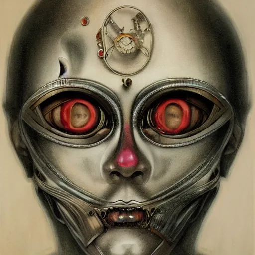 Image similar to symmetrical semi - realistic modern art deco mysterious creepy portrait of automaton fearful in the style of michael hussar highly detailed sharp focus