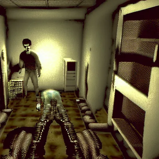 Prompt: screenshot from old psx!!!! playstation 1 game, third person, horror, slitherpunk