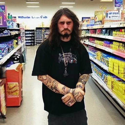 Prompt: “ long haired man with face tattoos working at walmart ”