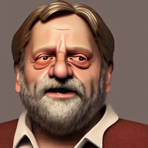 Image similar to Slavoj Zizek as a disney character, 3d render, beautiful lighting, octane render