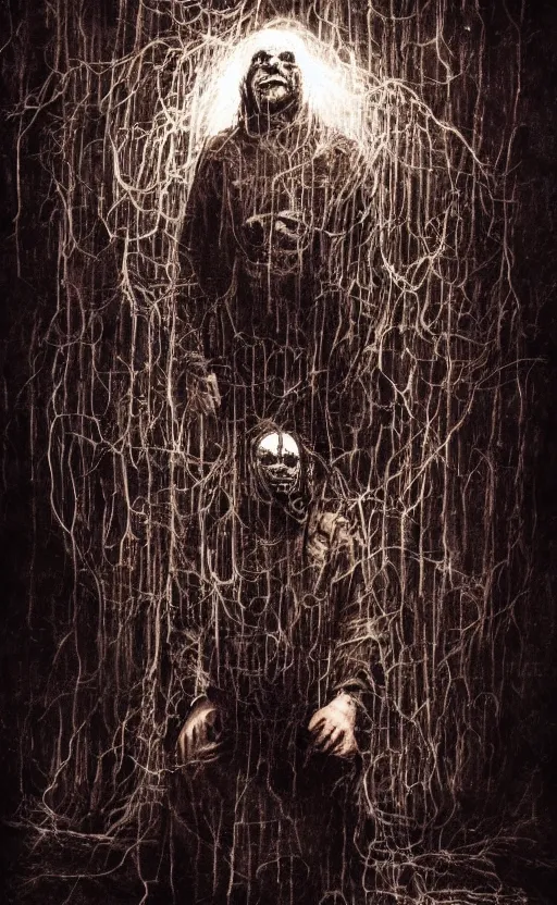 Image similar to portrait of slipknot, surrounded by beams of light dark background by wayne barlow, stanley donwood, anton semenov, zdzislaw bekinski, hr giger, 8 k, fantasy, dark, highly detailed