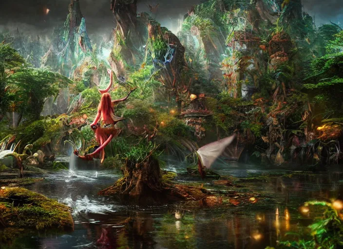 Image similar to magical enchanted elves on a humongous paradise biome, fantasy, hyper realism, wet reflections, intricate, digital art, detailed, studio shot, unreal engine 5, octane, high definition, smooth, artstation, behance