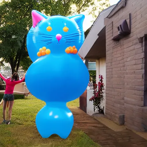 Prompt: inflating a balloon in the shape of a cat, growing cat balloon, big rubber cat, giant inflated cat