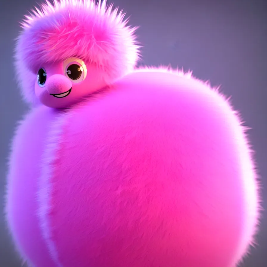 Image similar to high quality 3 d render hyperrealistic very cute big pink little spherical creature, plush mascot, short spiky dense fluffy smooth hair, isometric 3 d, pink fluffy fur, 1 5 0 mm, beautiful natural soft light, rim light, smooth background, artstation, ultra detailed, elegant, ultra detailed, metallic armor, octane render