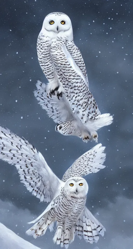 Image similar to painting of beautiful snowy owl, fantasy, hyperdetailed, intricate, by charlie bowater, 8k, octane render, trending on artstation