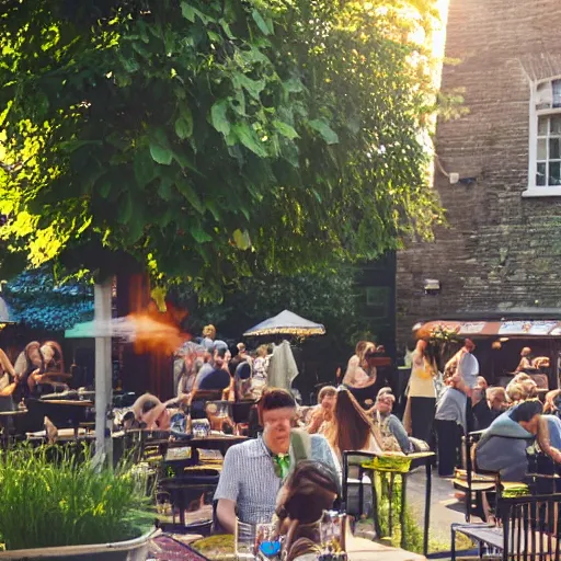 Prompt: an english pub garden at golden hour, attractive people are dancing and drinking pints of lager and smoking cigarettes