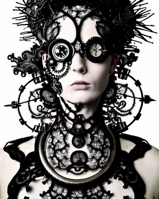 Image similar to surreal dark poetic black and white photo portrait of complex bio-mechanical beautiful young silver female vegetal-cyborg with a Mandelbrot fractal steampunk metal fine lace face, a very long neck and a fine metal floral foliage super big lace collar by Vivienne Westwood:: smoke, high fashion, haute couture, rococo, steampunk, avant-garde, silver filigree details, anatomical, facial muscles, cable wires, microchip, elegant, dreamy, foggy atmosphere, hyper realistic, 150 mm lens, soft rim light, octane render, unreal engine, picture was taken in 1910 by Man Ray, volumetric lighting, dramatic light,8k,