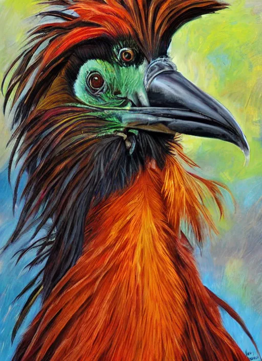 Prompt: a masterful painting of a hoatzin in a suit