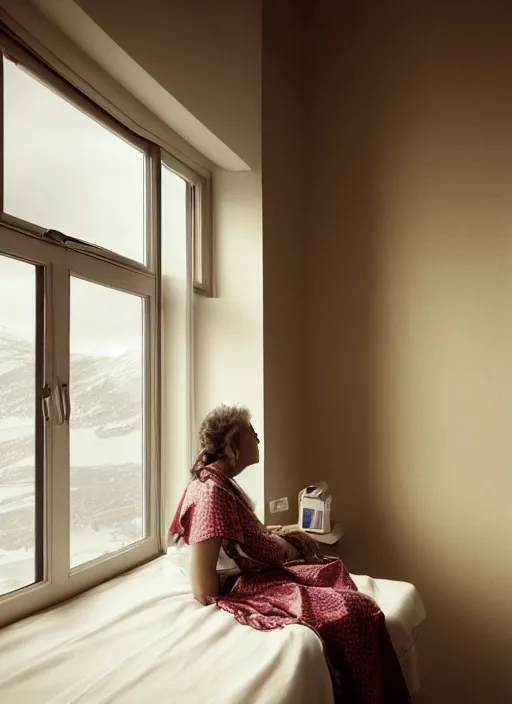 Image similar to medium shot, photo of a beautiful 4 0 year old woman hospital patient sitting in a norwegian hospital room, wearing a hospital gown, with an iv drip, looking out window. studio lighting, 3 5 mm, by charlie waite, max rive, caroline foster.