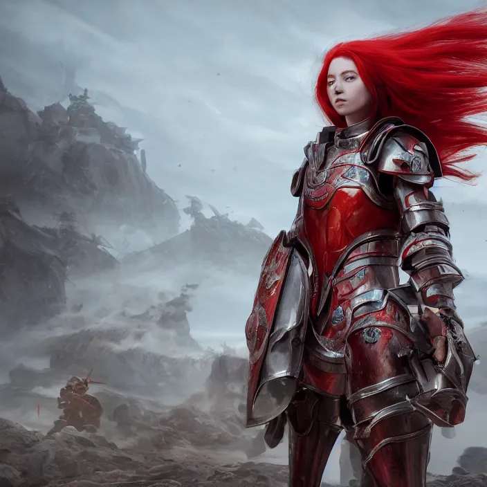 Image similar to a girl with a long red hair wearing a full-body red plate armor standing in a battlefield, anatomically correct, hyperrealistic, concept art, octane render, unreal engine 5, 8K HDR, highly detailed, high quality, fantasy armor