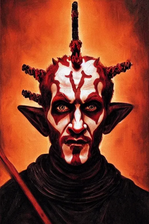 Prompt: Reinassance-style portrait of Darth Maul painted by Rembrandt, warm light, highly detailed, masterpiece, high quality