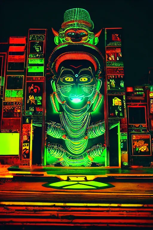 Image similar to high quality photo hyperrealistic cyberpunk hanuman head building, neon yellow madhubani, highly detailed, in sci - fi mumbai, unreal engine cinematic smooth, liam wong, moody light, low angle, uhd 8 k, sharp focus