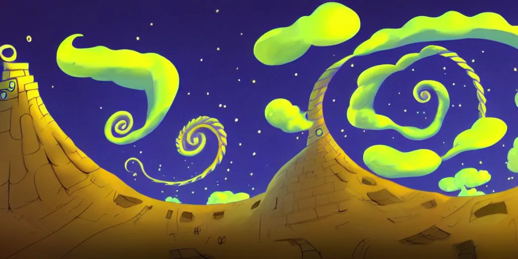 Image similar to night chubby cartoon concept art, spiral clouds, from sam and max