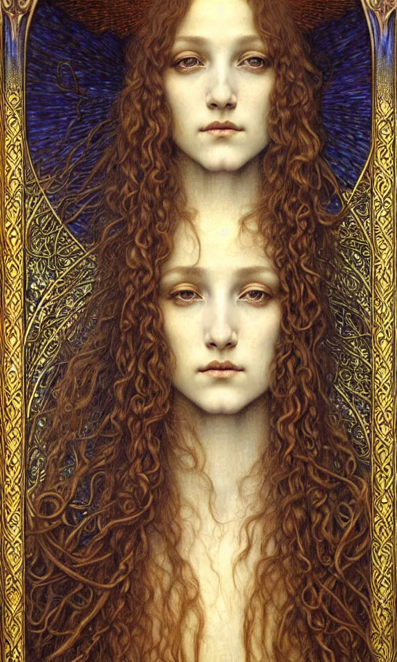 Image similar to detailed realistic beautiful young medieval queen face portrait by jean delville, gustave dore and marco mazzoni, art nouveau, symbolist, visionary, gothic, pre - raphaelite. horizontal symmetry