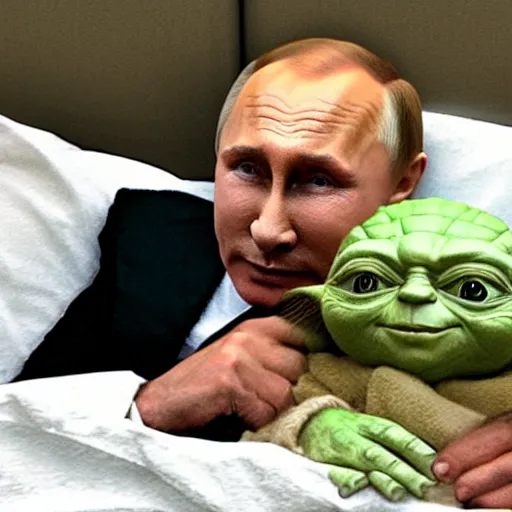 Image similar to putin sleeping in bed next to yoda