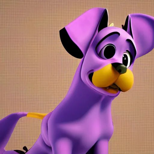 Prompt: a beautiful 3d render of a purple dog in a disney movie, in the style of disney, pixar, mixed media collage, highly detailed, 8k resolution