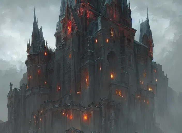 Image similar to The Castle of a Vampire, night, gargoyles, a fantasy digital painting by Greg Rutkowski and James Gurney, trending on Artstation, highly detailed