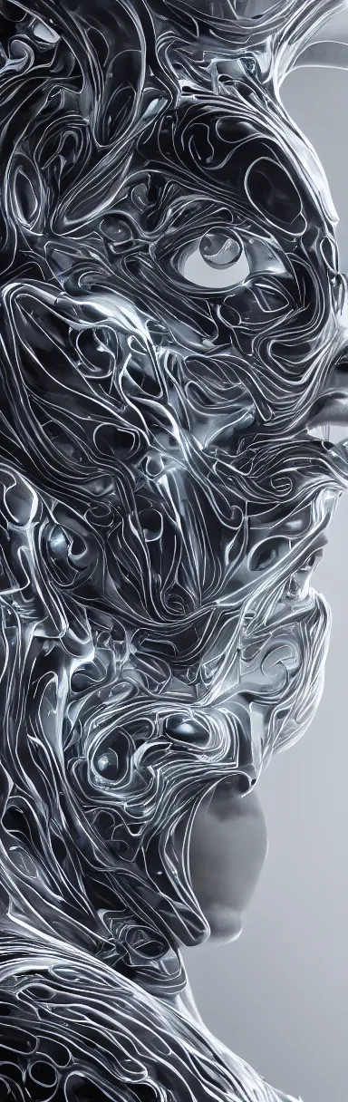 Image similar to epic illustration, digital abstract sculpt of beautiful female face and black swirling concrete acrylic portrait, black latex sculpt, close up portrait, mechanical superstructure, sacred geometry, glowing edges, magic hour, beautiful light, sculpture of carving marble, akemi ota, akira yasuda, clockwork, epic matte painting, concept art, bokeh, digital painting, artstation