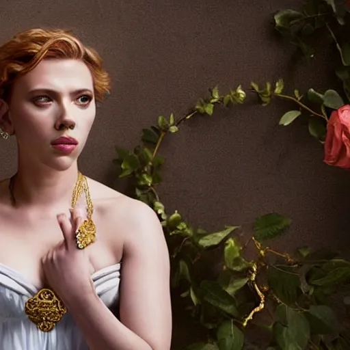 Image similar to scarlett johansson dressed as a greek goddess in front of a ring of sapphire rose ring, ornate gold border, vignette, warm tri - color, subtle chromatic aberration, painted by francis goya