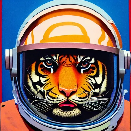 Image similar to Portrait of a Tiger astronaut wearing helmet in the style of James Gilleard, Zdzislaw Beksinski, Mark Ryden, Wolfgang Lettl highly detailed, hints of Yayoi Kasuma