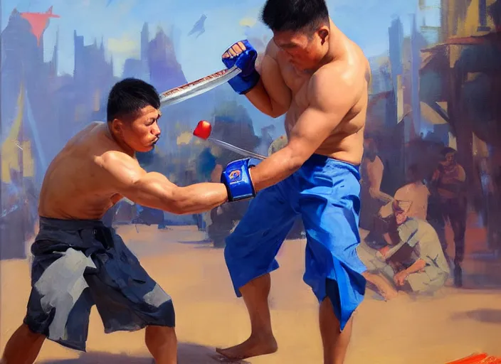 Image similar to greg manchess painting of a filipino mma fighter in a swordfight with a blond man in a blue suit, organic painting, sunny day, matte painting, bold shapes, hard edges, street art, trending on artstation, by huang guangjian, gil elvgren, ruan jia, randy vargas, greg rutkowski