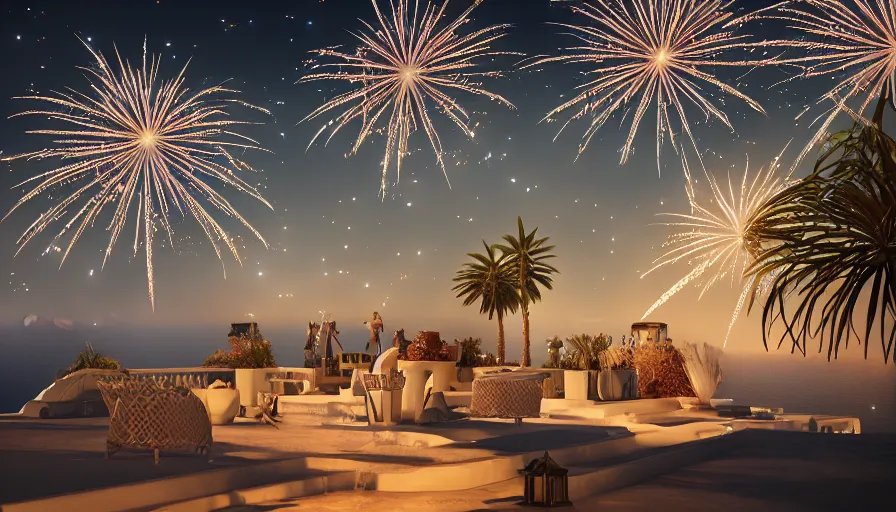 Image similar to 🌟🌜fireworks, Art Deco, in SANTORINI island, palm trees, crystal clear water, starry night, Trending artstation, octane render, cgsociety, surrealist, cinematic, shadow of the tomb rider