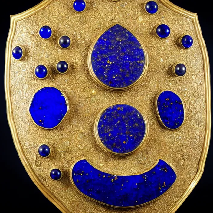 Image similar to photograph of a real-life lapis lazuli shield with jewels. Extremely detailed. 8k