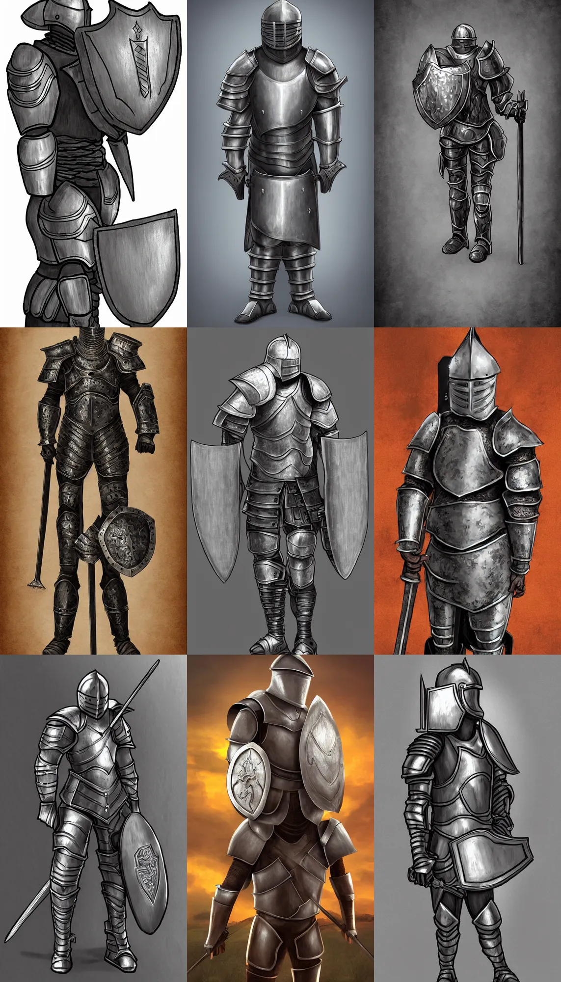 Prompt: digital art of strong knight wearing plate armor, holding weapon and shield, standing upright, full body