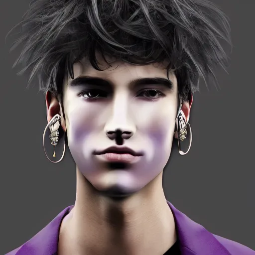 Prompt: professional digital art of a stylish young adult man with short dyed hair, a black face mask, earrings, and dark long-sleeved clothes, high quality, HD, 8K, highly detailed, award-winning, dark purple clouds