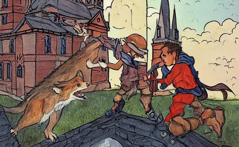 Image similar to a boy fighting a wolf on the edge of a clocktower, storybook, gouache, flat, print