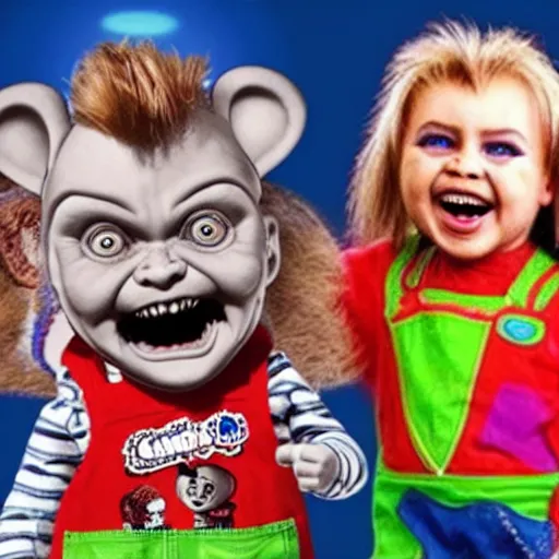 Prompt: hybrid of chucky and chuck e. cheese