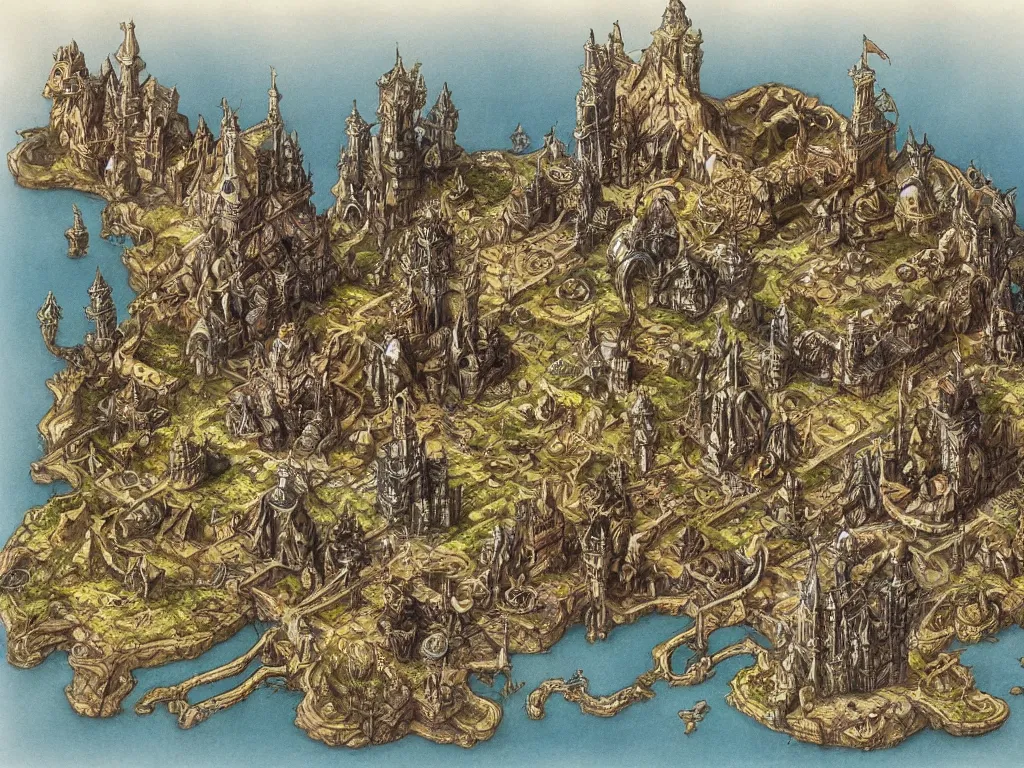 Image similar to an isometric disney dark fantasy map of a continent bordered by ocean by brian froud and hr giger