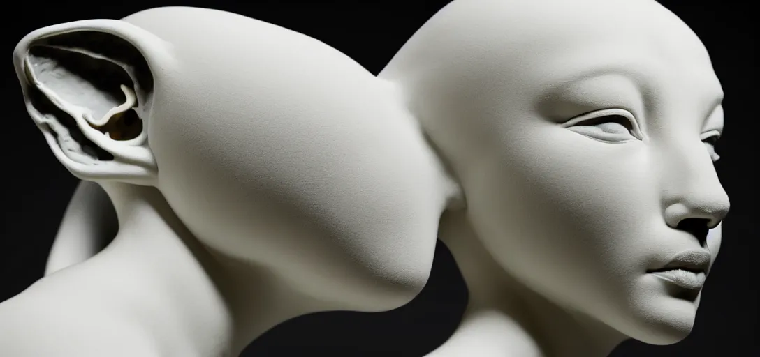 Image similar to symmetry!! full beautiful female porcelain sphinx body sculpture by daniel arsham and raoul marks, intricate, elegant, highly detailed, digital painting, artstation, smooth, sharp focus, all black features on a black background, delicate facial features, golden ratio composition, interconnected, liquid composition, conceptual sculpture, global lighting