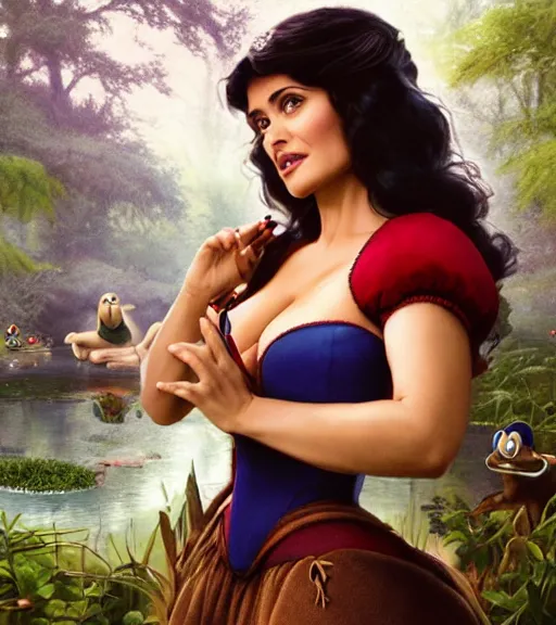 Image similar to film still of Salma Hayek as snow white in a forest by a pond with frogs, by artgerm, makoto sinkai, magali villeneuve, Gil Elvgren, Earl Moran,Enoch Bolles, symmetrical,