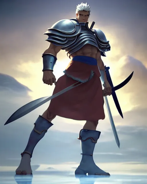 Prompt: strong muscular warrior with a greatsword and fully clad in plate armor, square masculine jaw, short messy hair, intimidating appearance, 3 d octane render, unreal engine 5, ultra high detail, cel shaded, trending on pixiv fanbox, by greg rutkowski makoto shinkai takashi takeuchi studio ghibli, akihiko yoshida