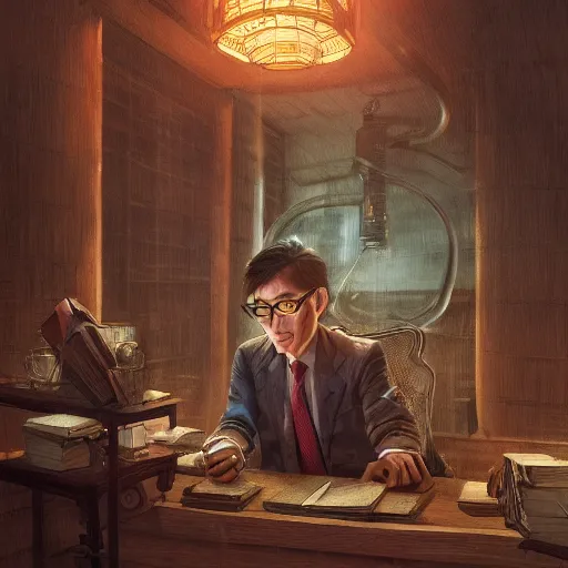 Prompt: a weasel lawyer wearing glasses was watching book, surrounded by tea houses ambient lighting, 4 k, fenghua zhong, yangjun chen, wenjun lin, jung gi kim, artstation